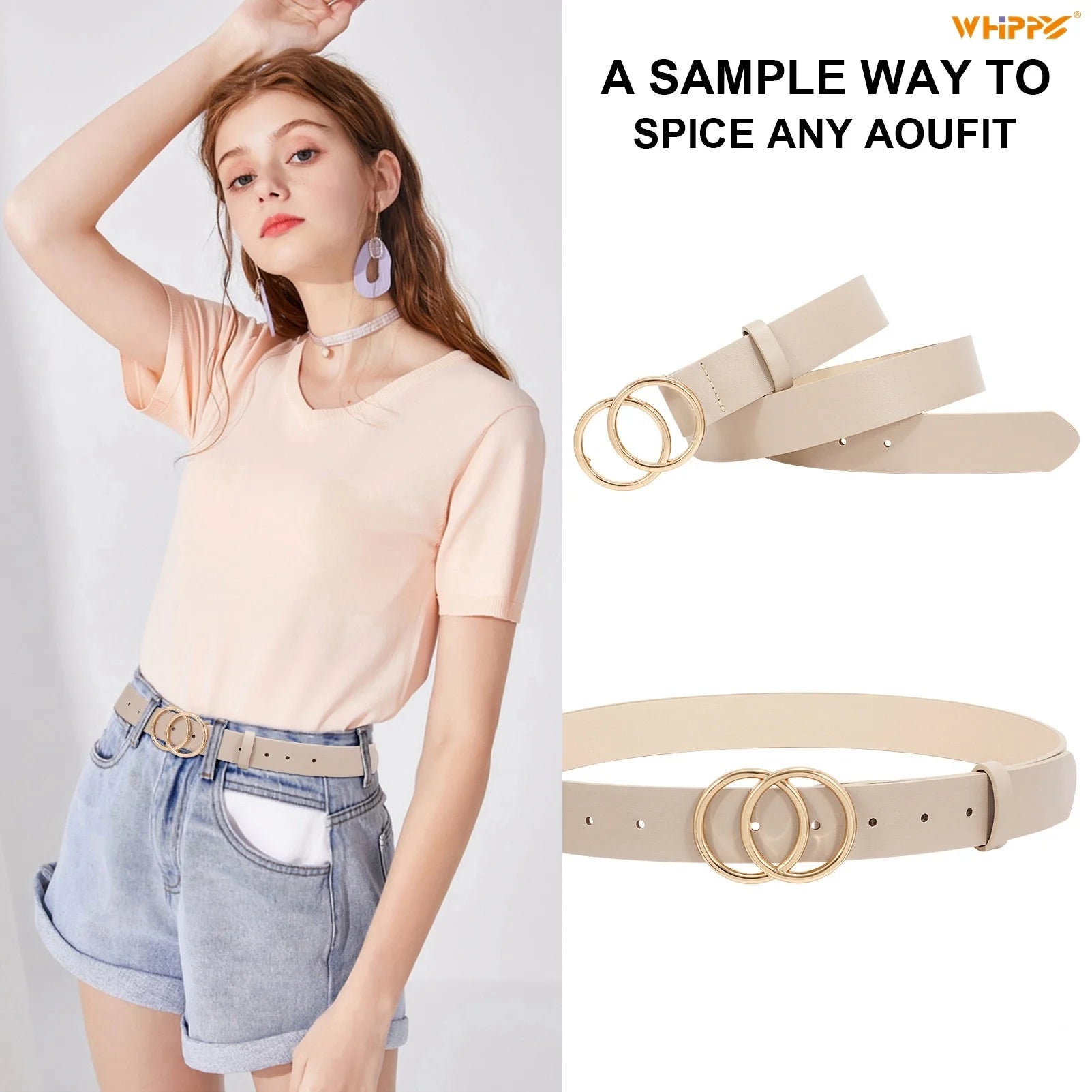 Women Leather Belt with Double Ring Buckle, Coffee Waist Belt for Jeans Dress