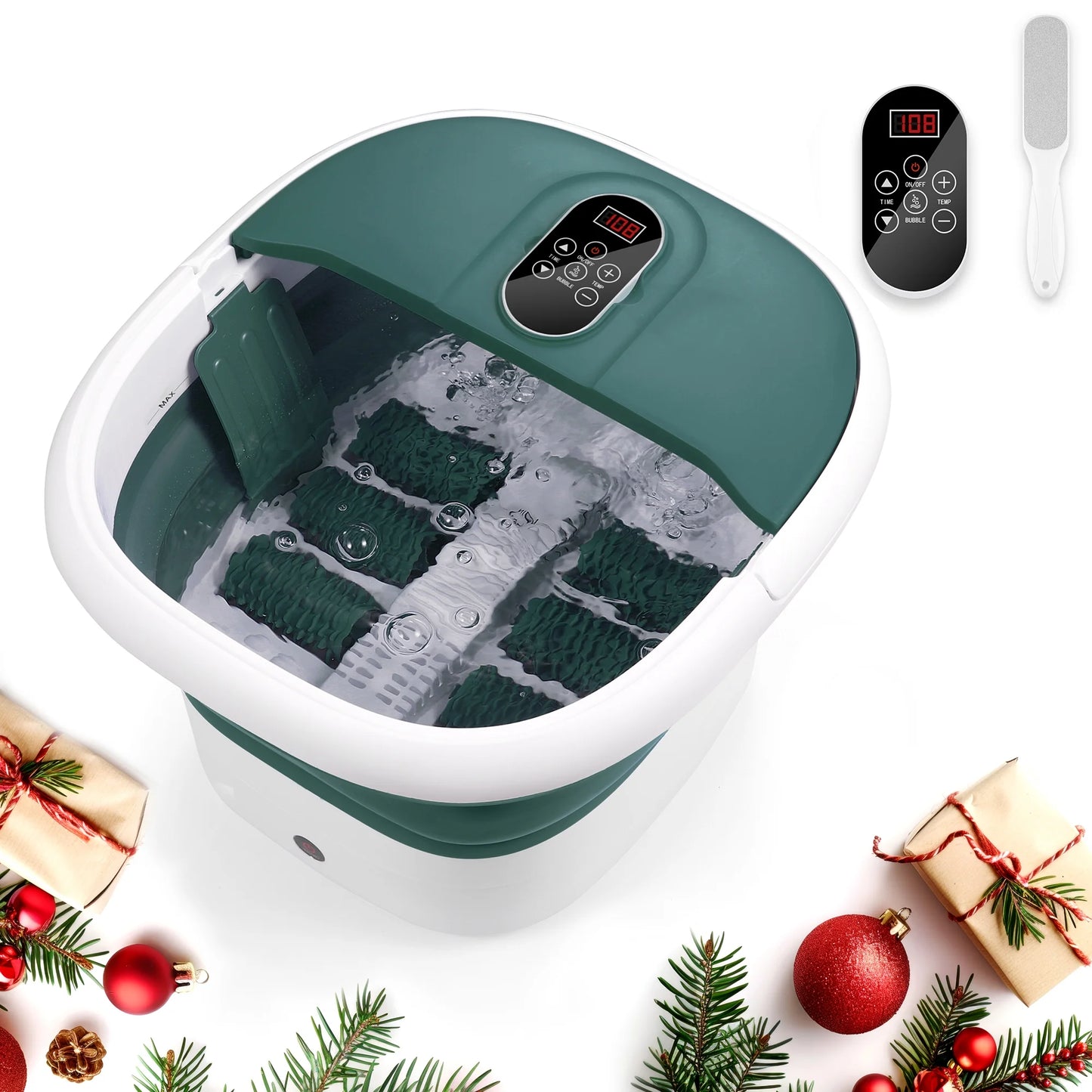 Foot Spa Bath Massager with Heat, Collapsible with Remote Control, 6 Large Massage Rollers Digital Display-Green