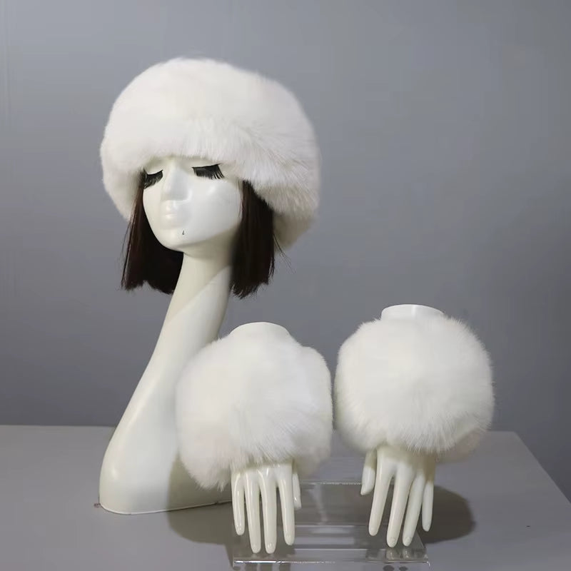 One Set Women Faux Fox Fur Cuffs + Headband Winter Warmer Hat Arm Wrist Sleeve Gloves Female Faux Fur Cap+Elastic Wristband