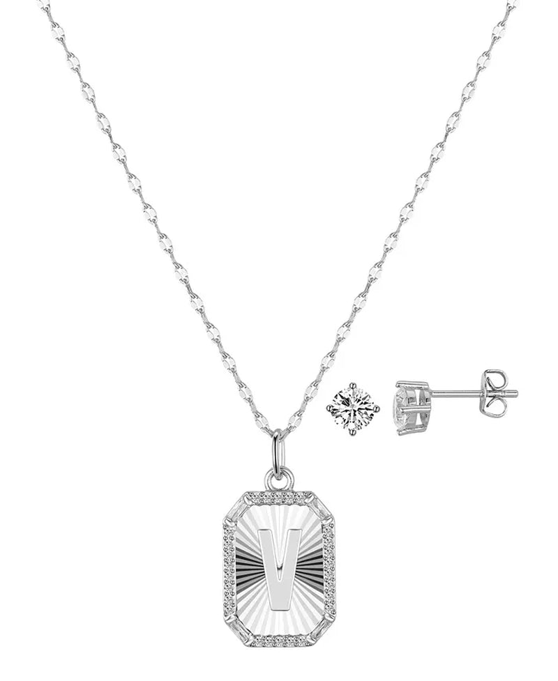 Cubic Zirconia Initial Pendant Necklace and Stud Earring Set