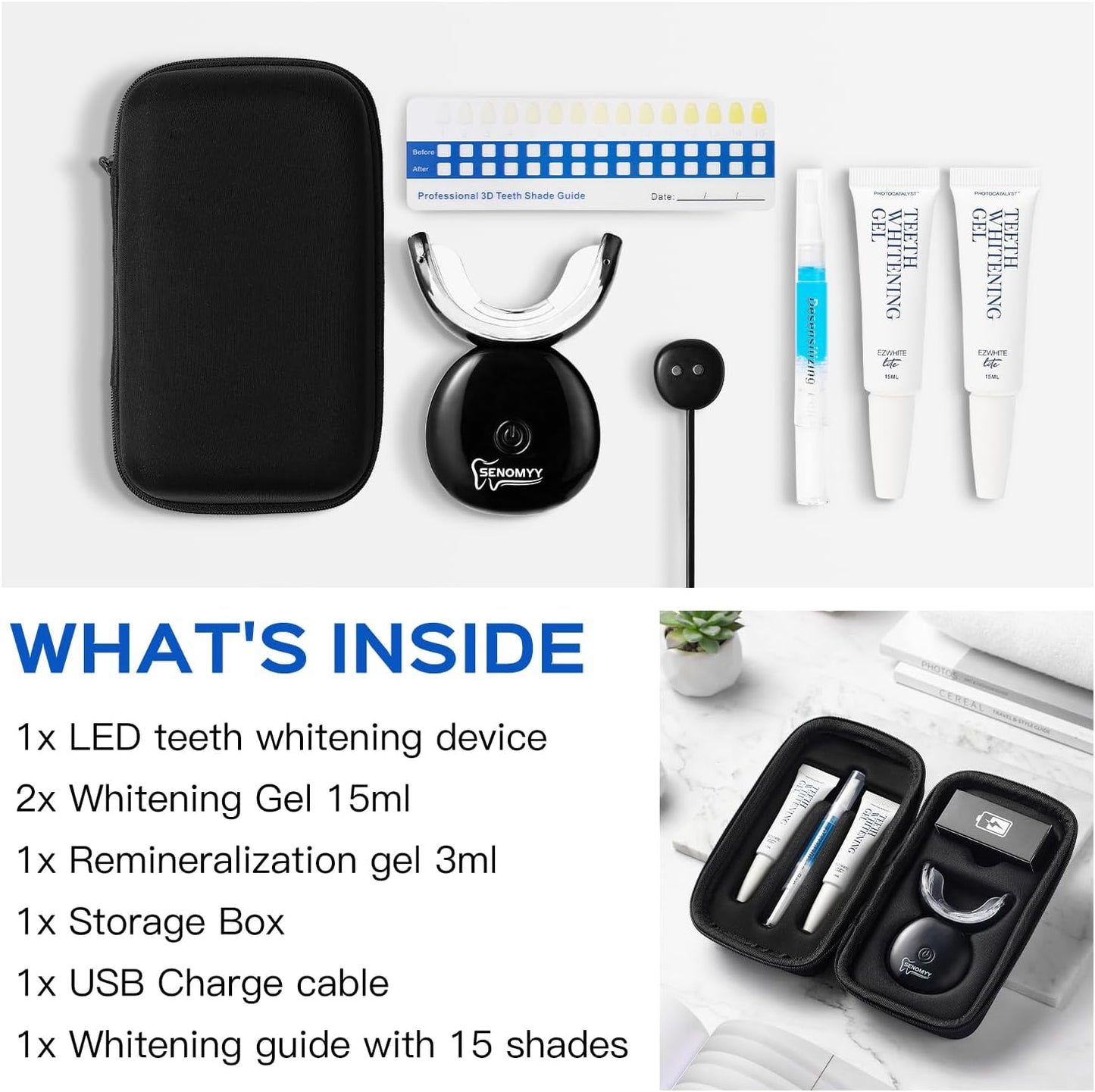 Teeth Whitening Kit 16X LED Light Rechargeable,Teeth Whitener Gel Pen Strips, with 30Ml Carbamide Peroxide Tooth Whitening Gel,3Ml Remineralization Gel,Built-In 15 Minute Timer，For Sensitive Teeth