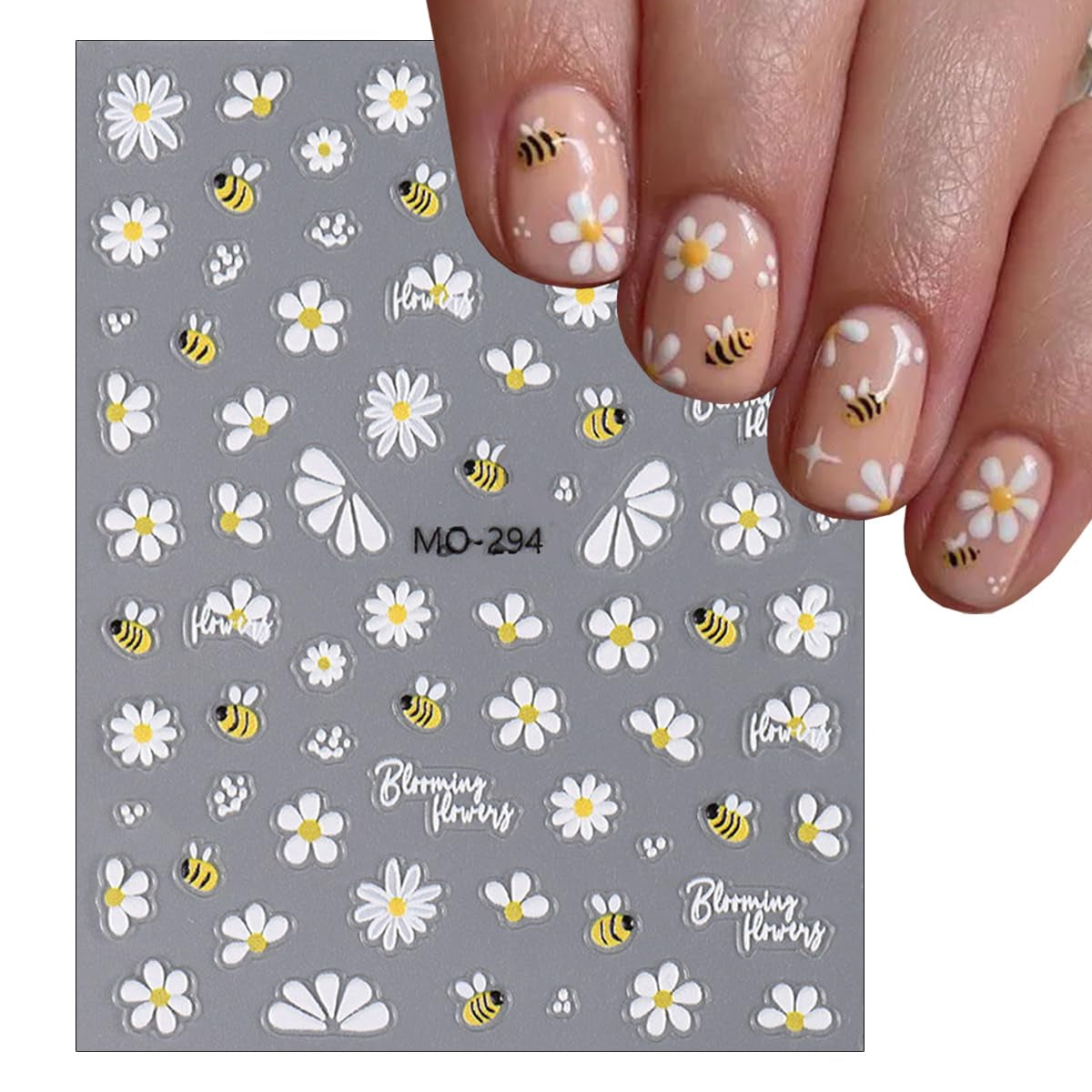 Flower Nail Art Stickers 5D Embossed Cute Bee Nail Decals Spring Daisy Nail Design Fall Flowers Nail Art Decoration Self-Adhesive Nail Supplies for Women Girls Manicure Accessories, 3Pcs