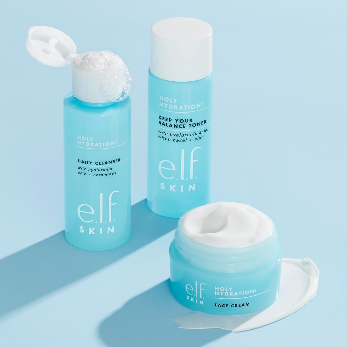 E.L.F. Skin Holy Hydration! the Essentials Mini Kit, Cleanser, Toner & Moisturizer for Hydrated & Balanced Skin, Tsa-Friendly Sizes