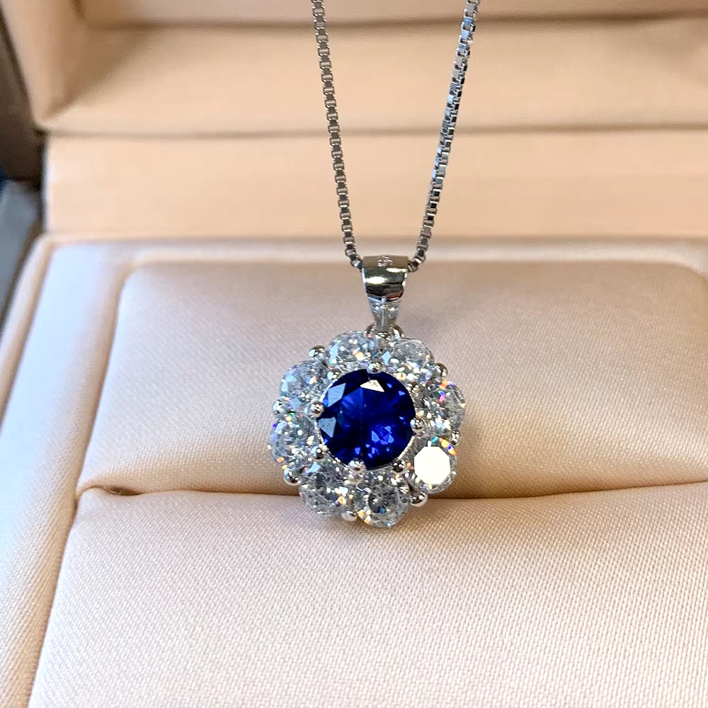 100%-S925 Silver Vintage Jewelry Set 7Mm Natural Sapphire Topaz Ring/Earring/Pendant Necklace Wedding Jewelry Set