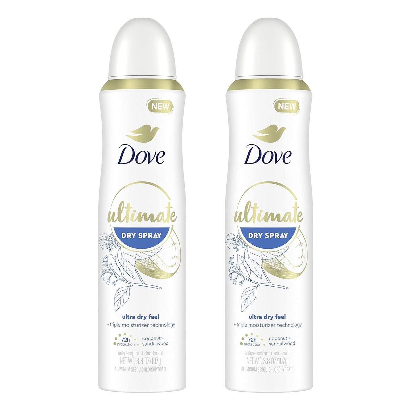 Dove Ultimate Dry Spray Antiperspirant Coconut and Sandalwood 2 Count for 72-Hour Sweat and Odor Protection with Triple Moisturizer Technology 3.8Oz