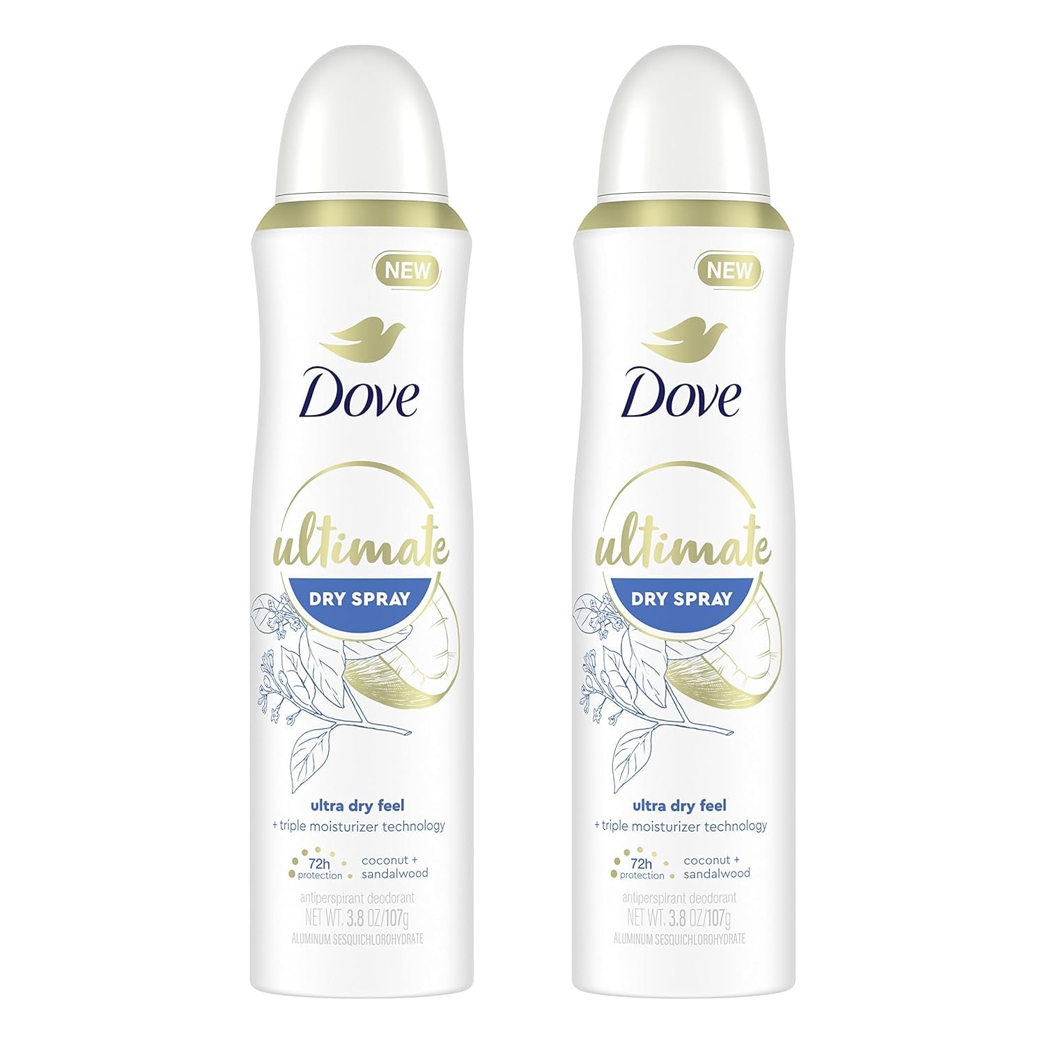 Dove Ultimate Dry Spray Antiperspirant Coconut and Sandalwood 2 Count for 72-Hour Sweat and Odor Protection with Triple Moisturizer Technology 3.8Oz