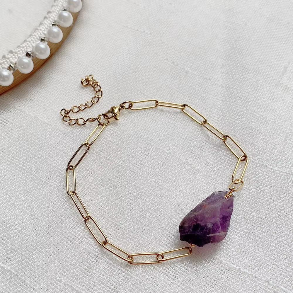 Natural Crystal Stone Bracelets Womens Stainless Steel Chain Amethysts Citrines Charm Rock Mineral Quartz Pink Crystal Bracelet