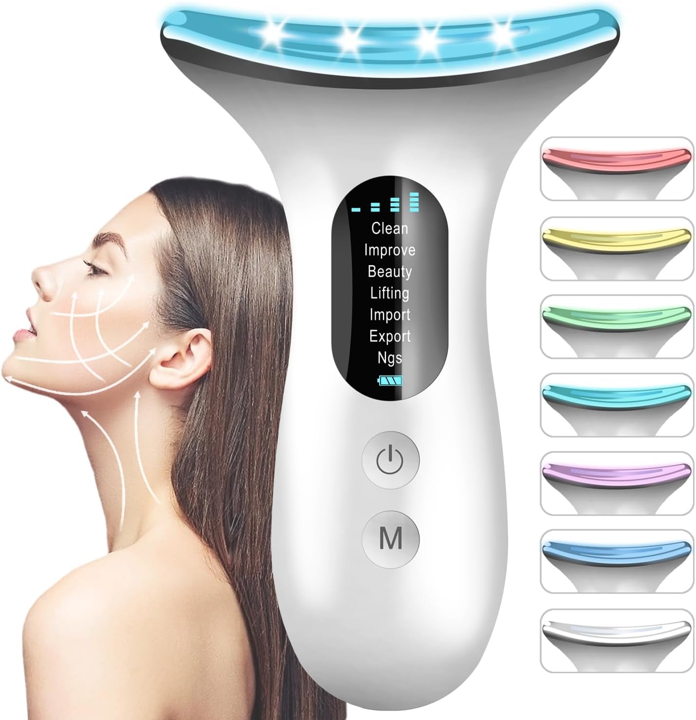 Face and Neck Massager, 7 Color Light Mode, Redlight Therapy Facial Skin Care Tools for Daily Beauty, Anti-Aging Face Massager Wand Improve, Firm, Tightening and Smooth (White)