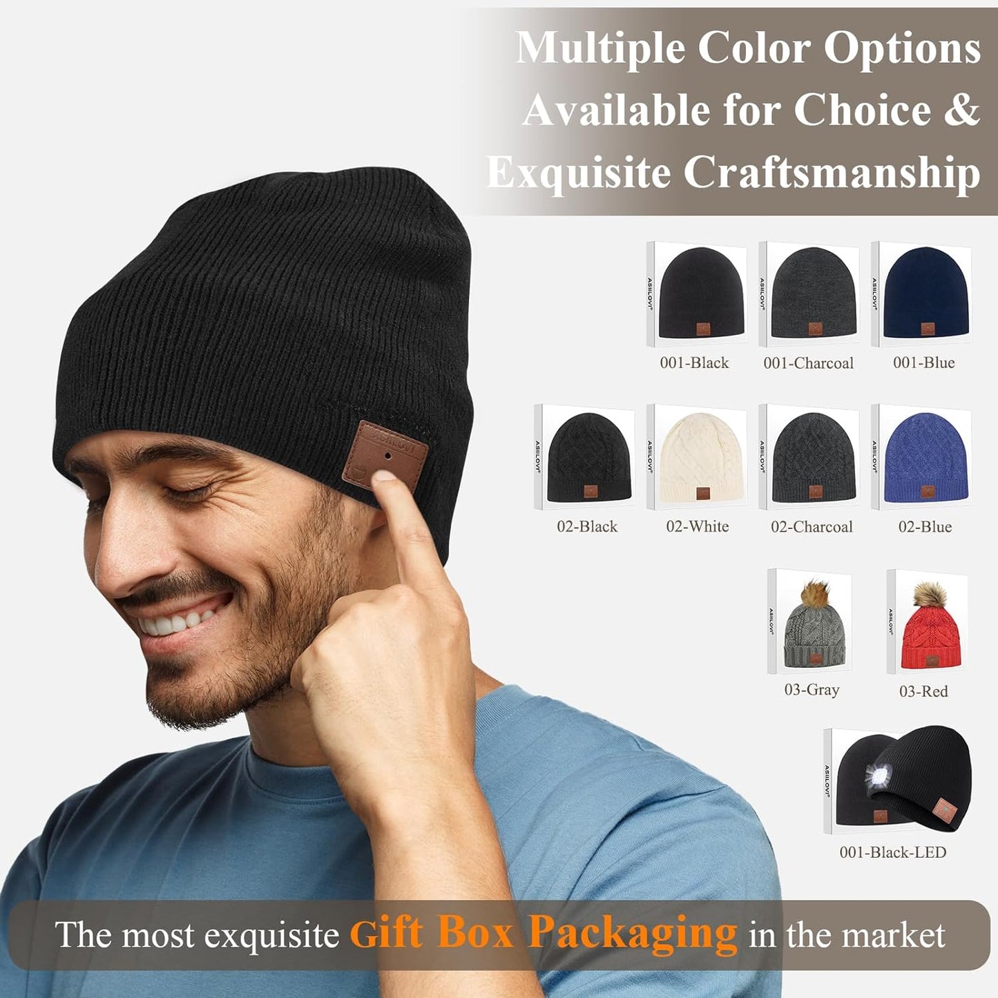 Bluetooth Beanie, Double-Layer Wool Lining Bluetooth Hat Beanie for Men/Women/Teens/Family, 20Hrs Playing, Gift Packaging for Christmas Stocking Stuffers Thanksgiving (001-Black)