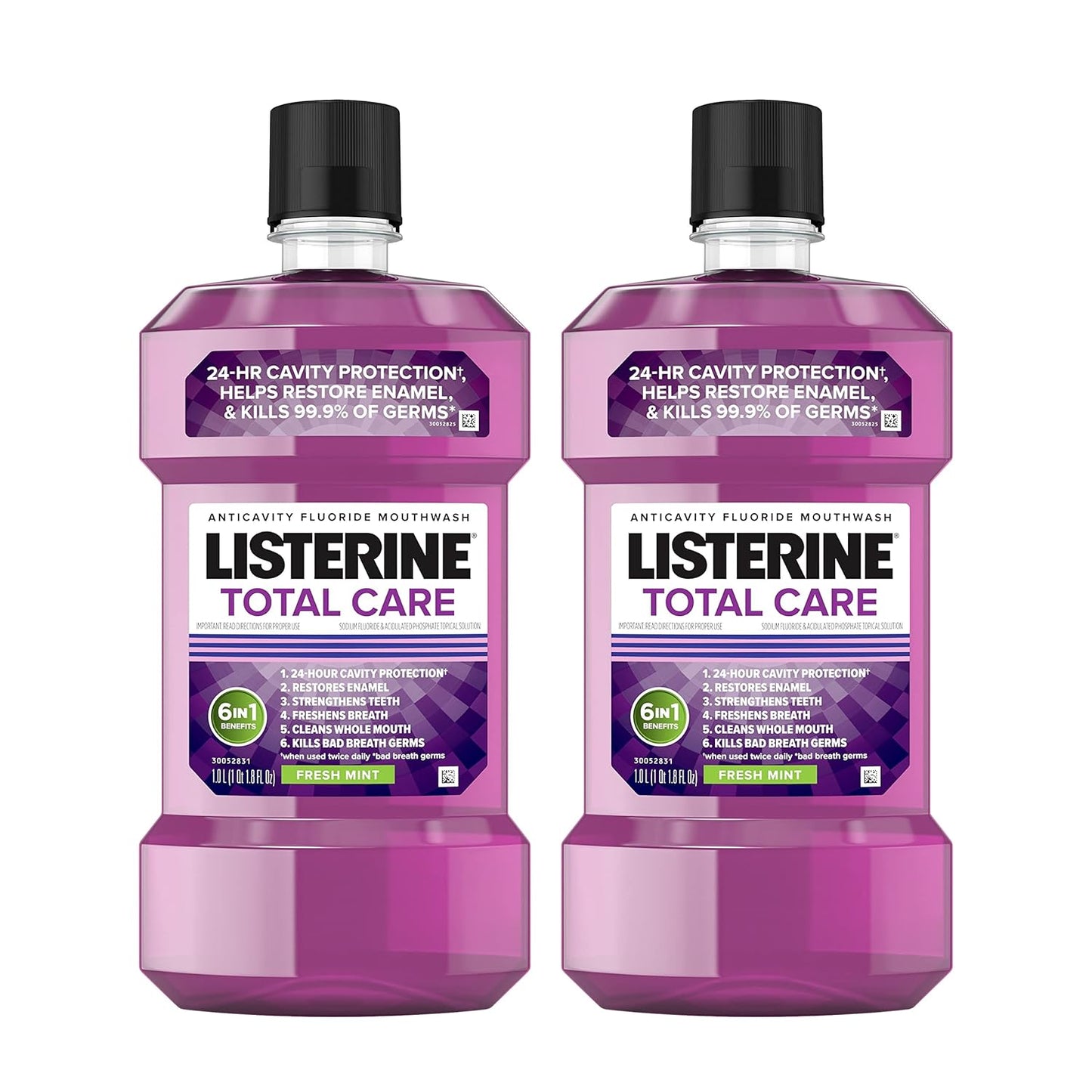 Listerine Total Care Anticavity Fluoride Mouthwash, 6 Benefits in 1 Oral Rinse Helps Kill 99% of Bad Breath Germs, Prevents Cavities, & Strengthens Teeth, Fresh Mint, 1 L, Pack of 2