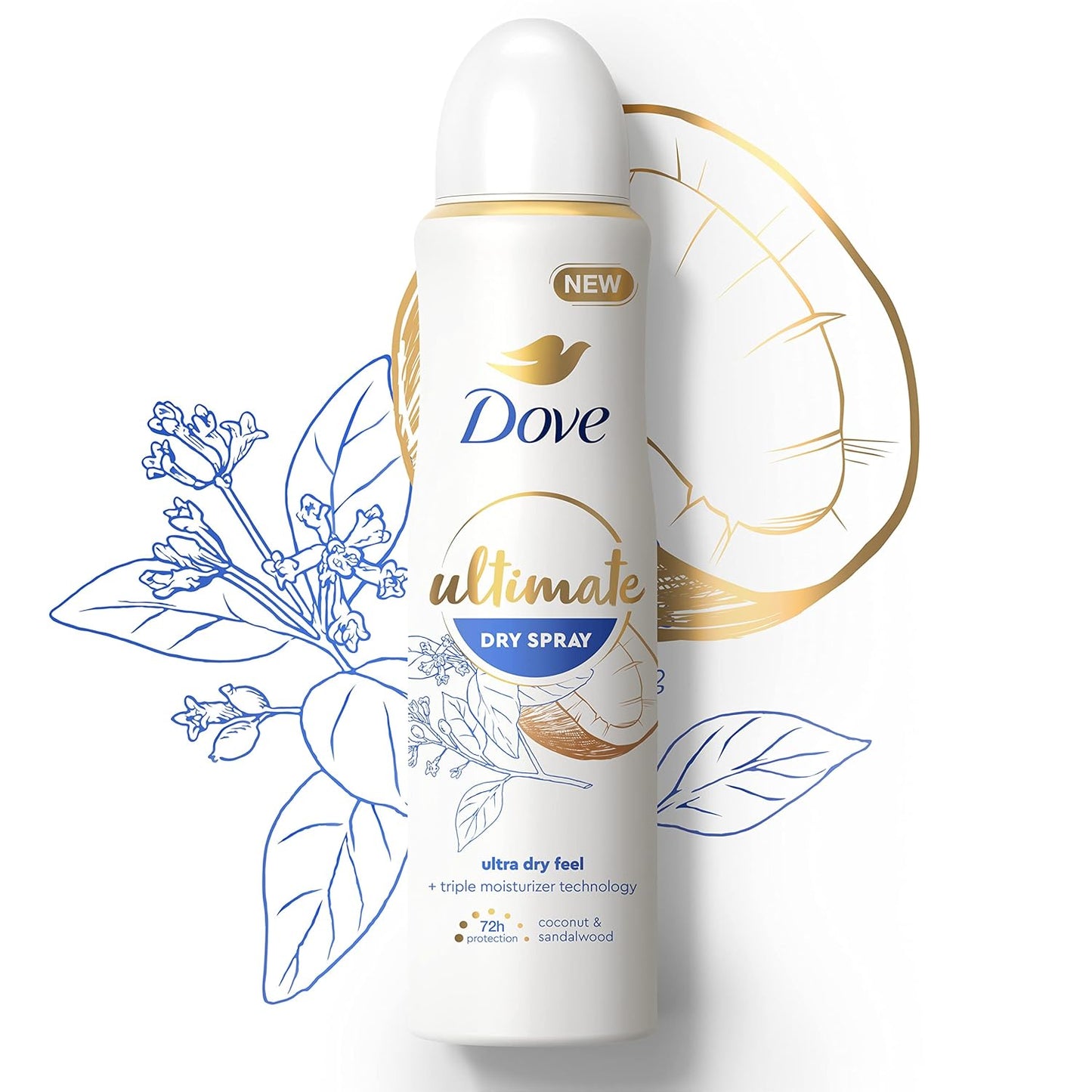 Dove Ultimate Dry Spray Antiperspirant Coconut and Sandalwood 2 Count for 72-Hour Sweat and Odor Protection with Triple Moisturizer Technology 3.8Oz