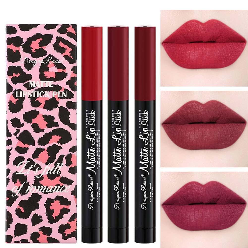 3 PCS Matte Lipstick Automatic Rotary High Pigment Red Pink Lip Stain Smooth Velvety Long Lasting No Fade Lip Pen Set of Three Lip Gloss Tint Portable for Lady Girl Festivals Lip Makeup (D)