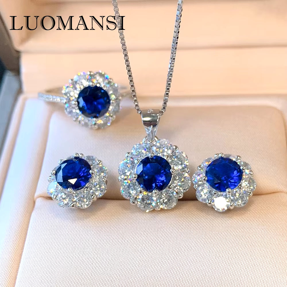 100%-S925 Silver Vintage Jewelry Set 7Mm Natural Sapphire Topaz Ring/Earring/Pendant Necklace Wedding Jewelry Set