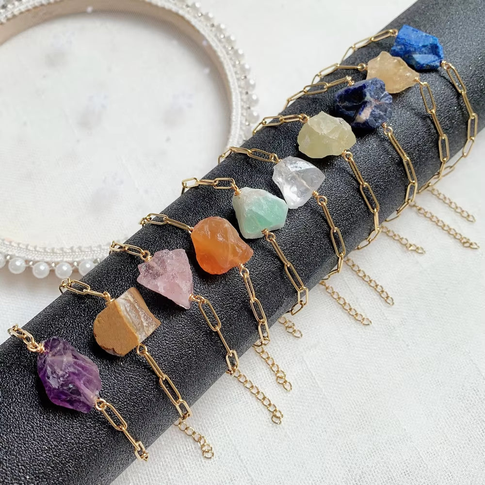 Natural Crystal Stone Bracelets Womens Stainless Steel Chain Amethysts Citrines Charm Rock Mineral Quartz Pink Crystal Bracelet