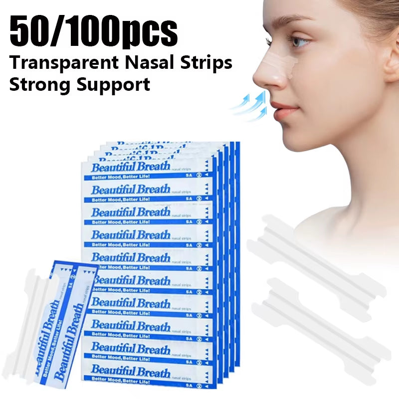 100/50PCS Transparent PE Breath Nasal Strips 2 Supports Stop Snoring Right Aid Nose Patch Good Sleeping Patches Better Breathing