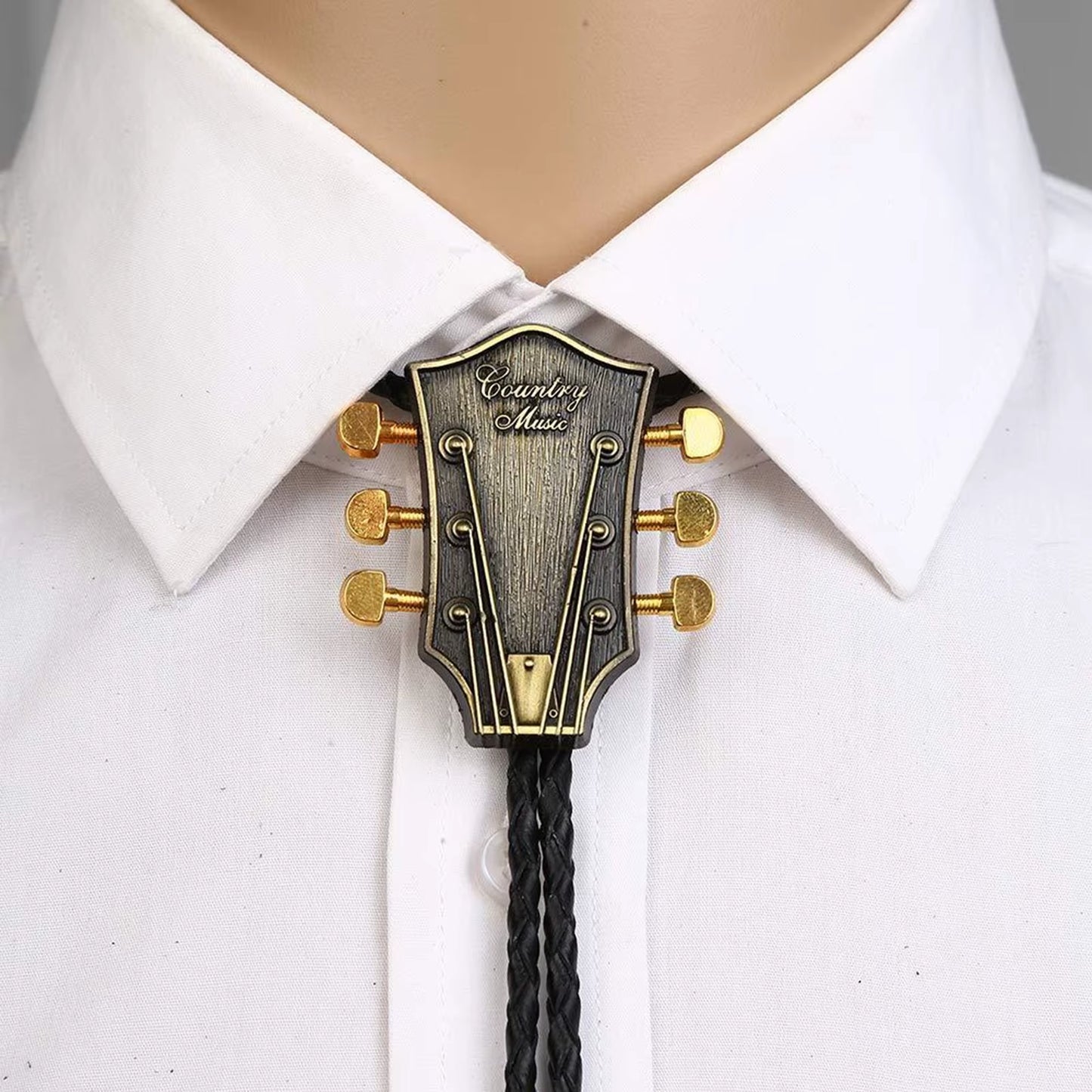 Fashion Metal Guitar Head Bolo Tie for Men Necklace Pendant Wedding PU Leather Rope Necktie Shirt Collar Bowtie Western Cowboy