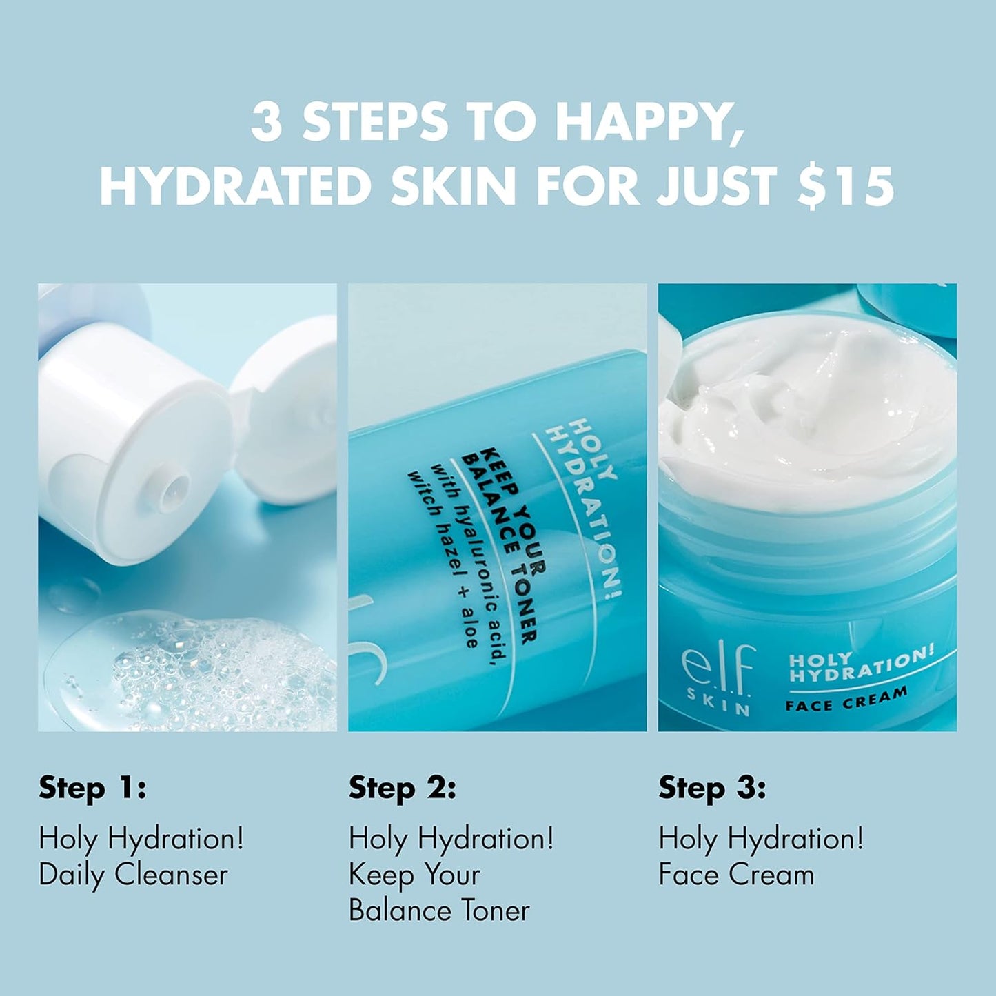 E.L.F. Skin Holy Hydration! the Essentials Mini Kit, Cleanser, Toner & Moisturizer for Hydrated & Balanced Skin, Tsa-Friendly Sizes