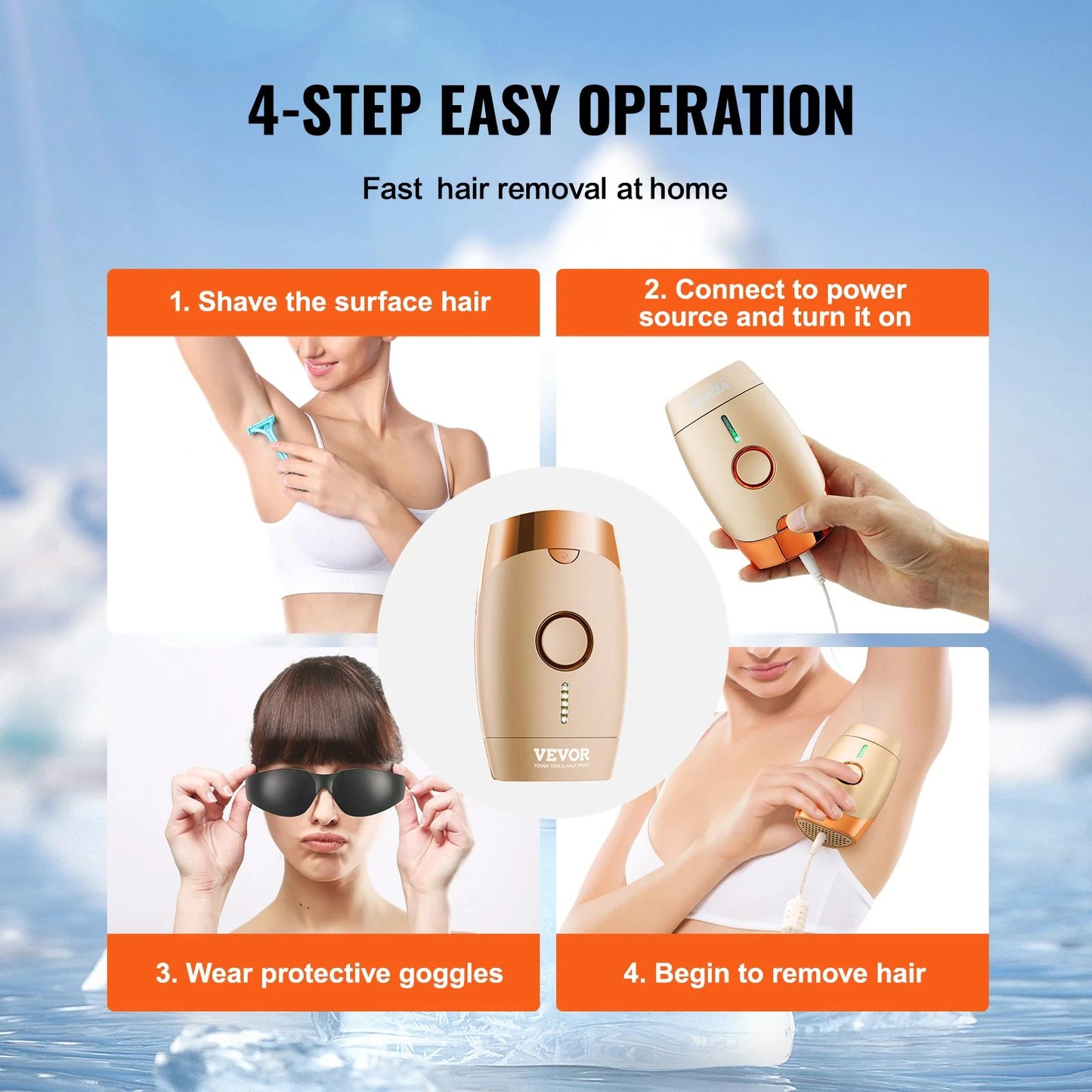 VEVOR IPL Hair Removal, Permanent Hair Removal for Women and Men, Auto/Manual Modes & 5 Adjustable Levels, Painless At-Home Hair Removal Device for Legs, Armpits, Bikini Line, Whole Body