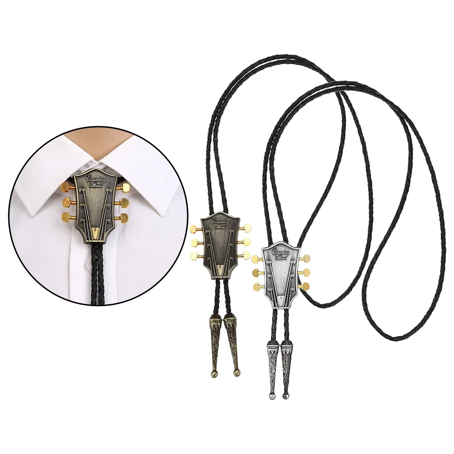 Fashion Metal Guitar Head Bolo Tie for Men Necklace Pendant Wedding PU Leather Rope Necktie Shirt Collar Bowtie Western Cowboy