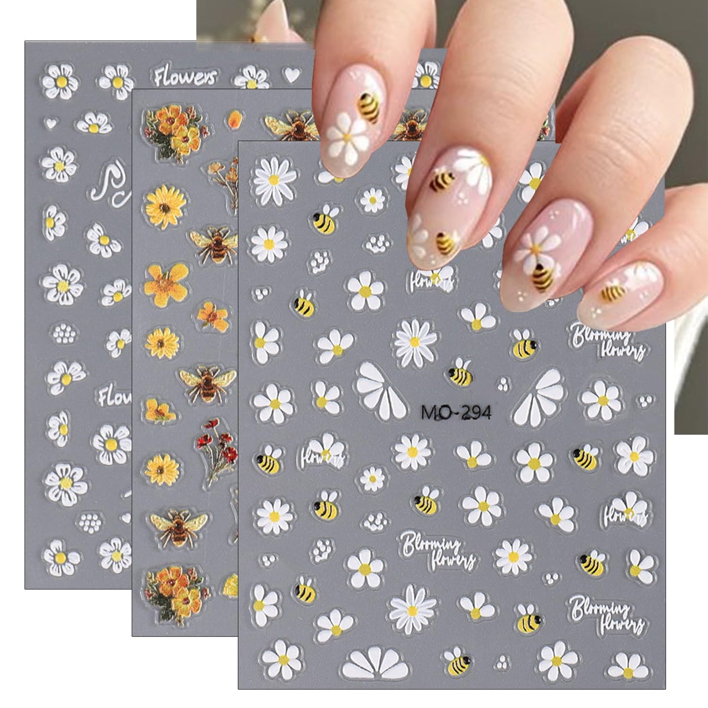 Flower Nail Art Stickers 5D Embossed Cute Bee Nail Decals Spring Daisy Nail Design Fall Flowers Nail Art Decoration Self-Adhesive Nail Supplies for Women Girls Manicure Accessories, 3Pcs