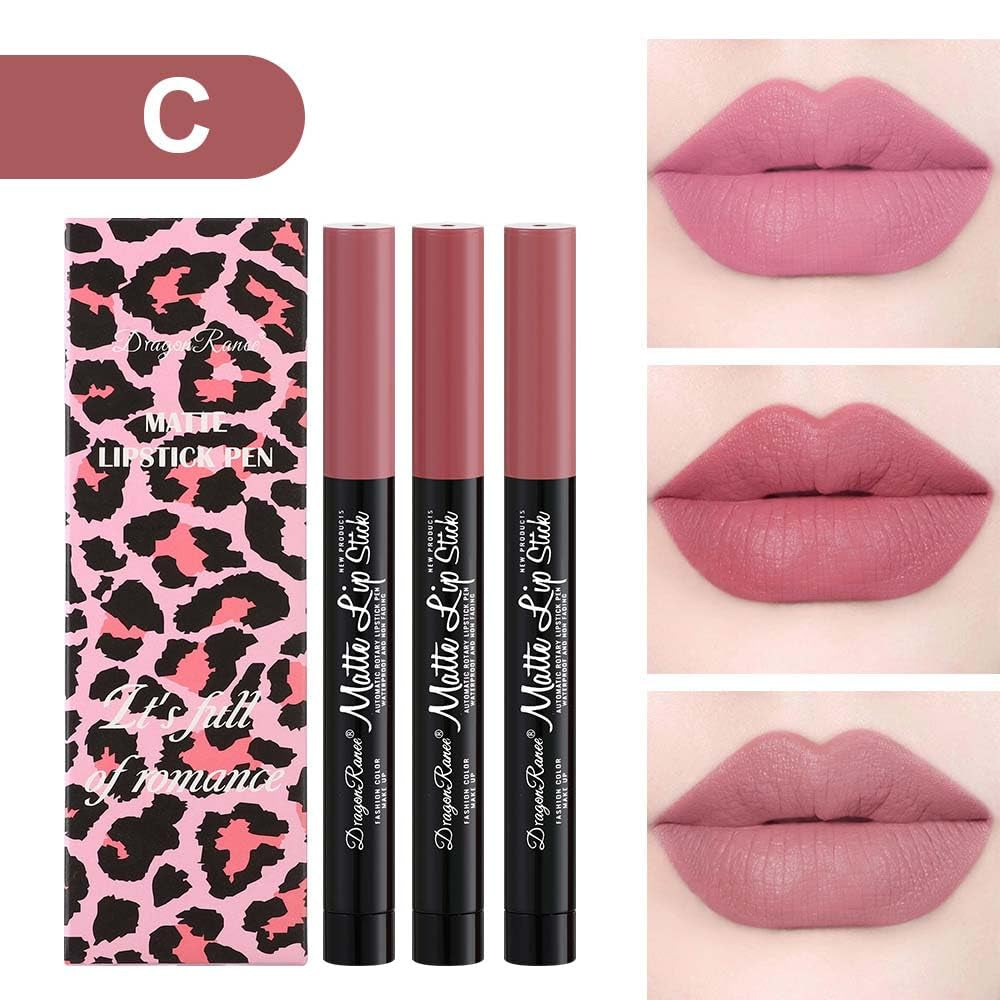 3 PCS Matte Lipstick Automatic Rotary High Pigment Red Pink Lip Stain Smooth Velvety Long Lasting No Fade Lip Pen Set of Three Lip Gloss Tint Portable for Lady Girl Festivals Lip Makeup (D)