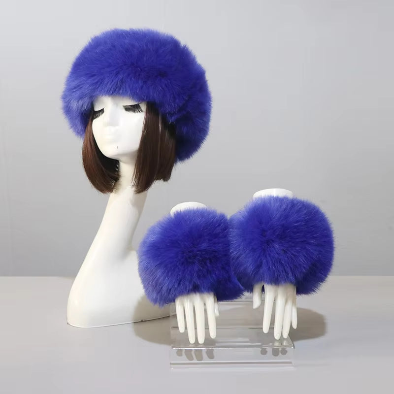 One Set Women Faux Fox Fur Cuffs + Headband Winter Warmer Hat Arm Wrist Sleeve Gloves Female Faux Fur Cap+Elastic Wristband