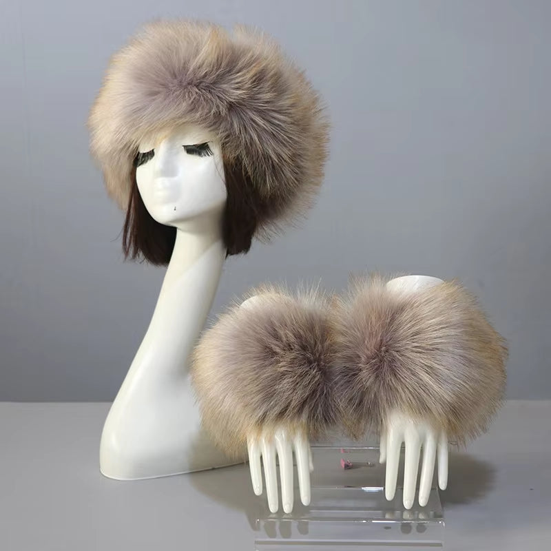 One Set Women Faux Fox Fur Cuffs + Headband Winter Warmer Hat Arm Wrist Sleeve Gloves Female Faux Fur Cap+Elastic Wristband