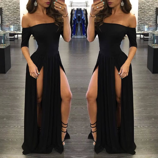 Women Sexy Slash Neck Maxi Dress Solid Color High Slit Formal Party Dress Fashion Slim Summer Dress Vestido De Mulher