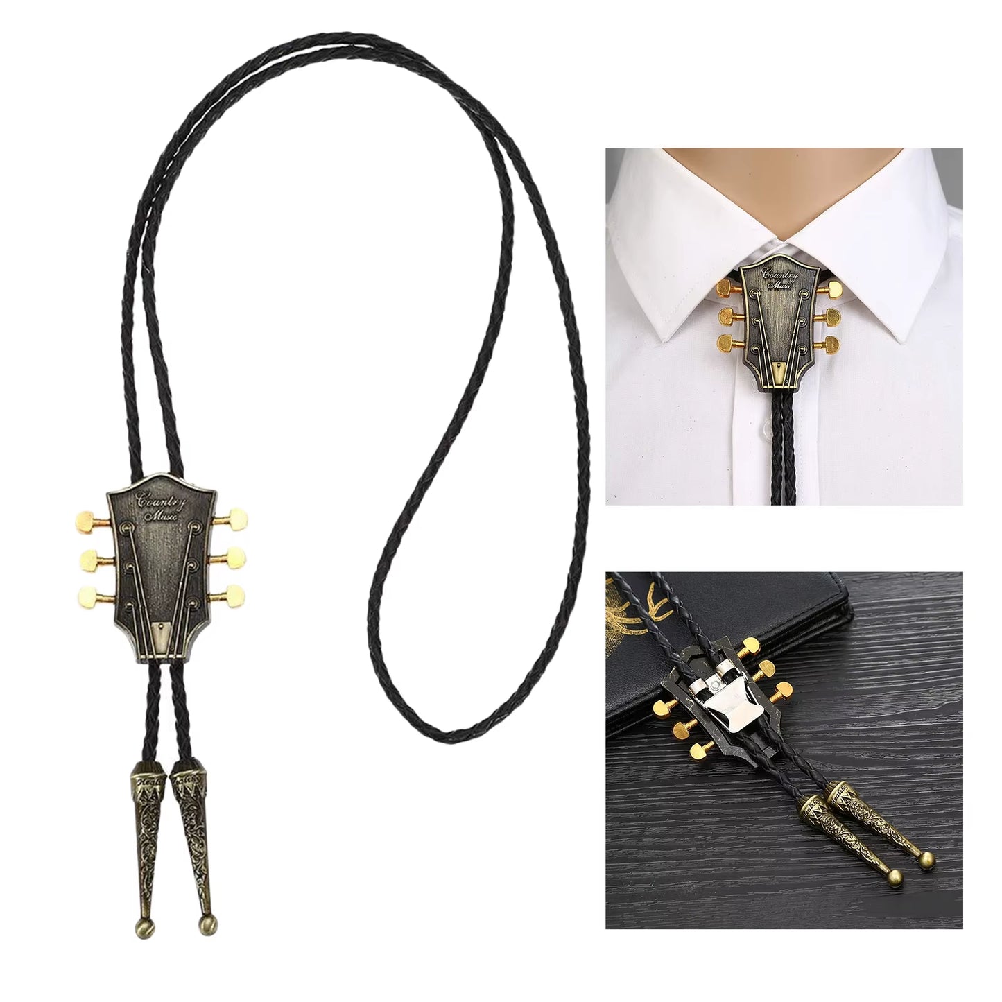 Fashion Metal Guitar Head Bolo Tie for Men Necklace Pendant Wedding PU Leather Rope Necktie Shirt Collar Bowtie Western Cowboy