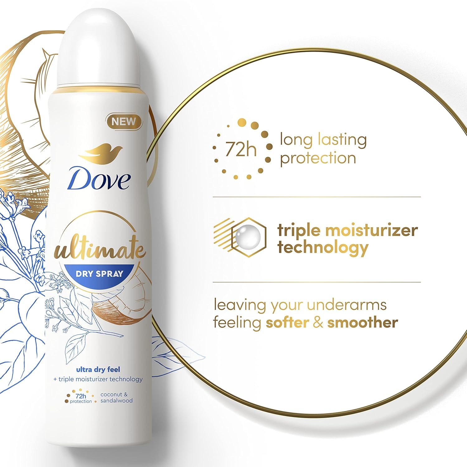 Dove Ultimate Dry Spray Antiperspirant Coconut and Sandalwood 2 Count for 72-Hour Sweat and Odor Protection with Triple Moisturizer Technology 3.8Oz