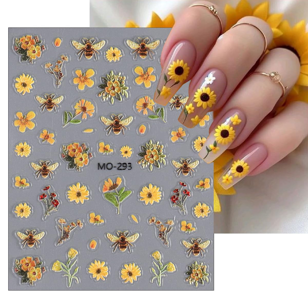 Flower Nail Art Stickers 5D Embossed Cute Bee Nail Decals Spring Daisy Nail Design Fall Flowers Nail Art Decoration Self-Adhesive Nail Supplies for Women Girls Manicure Accessories, 3Pcs