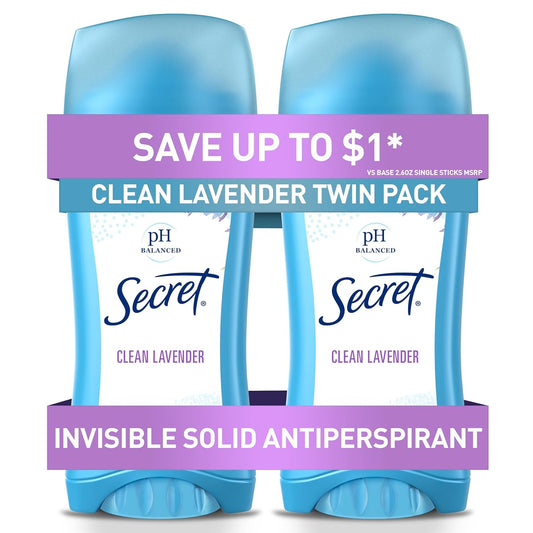 Secret Antiperspirant and Deodorant for Women, 24Hr Sweat & Odor Protection, PH Balanced Protection, Gentle on Skin, Invisible Solid, Clean Lavender Scent, 2.6 Oz (Pack of 2)