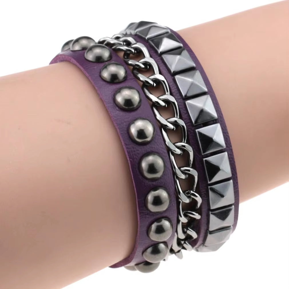 Purple Goth Bracelets for Women Punk Boho Emo Spike Rivets PU Leather Charm Bracelet Cuff Bangles Festival Jewelry Party Gifts