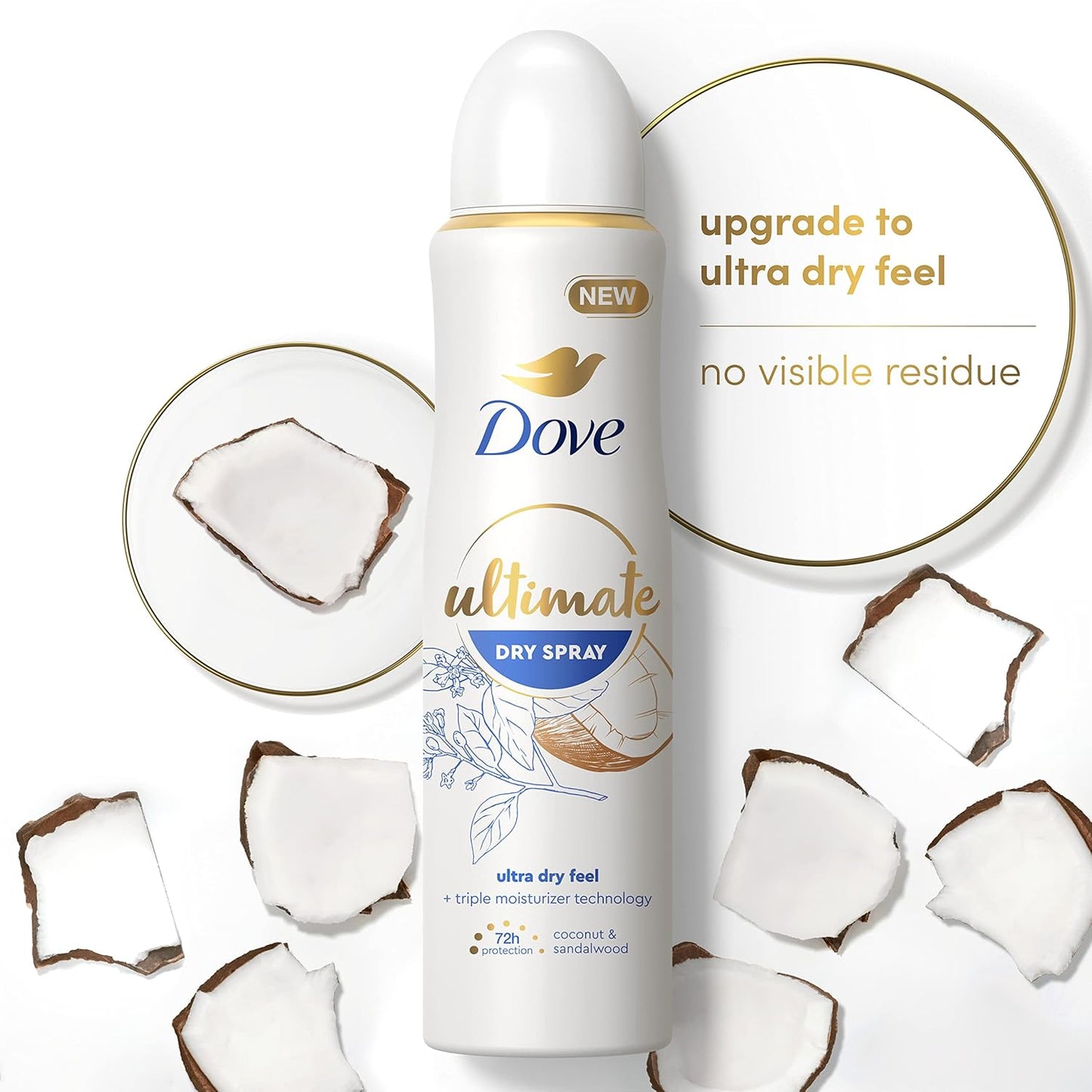 Dove Ultimate Dry Spray Antiperspirant Coconut and Sandalwood 2 Count for 72-Hour Sweat and Odor Protection with Triple Moisturizer Technology 3.8Oz