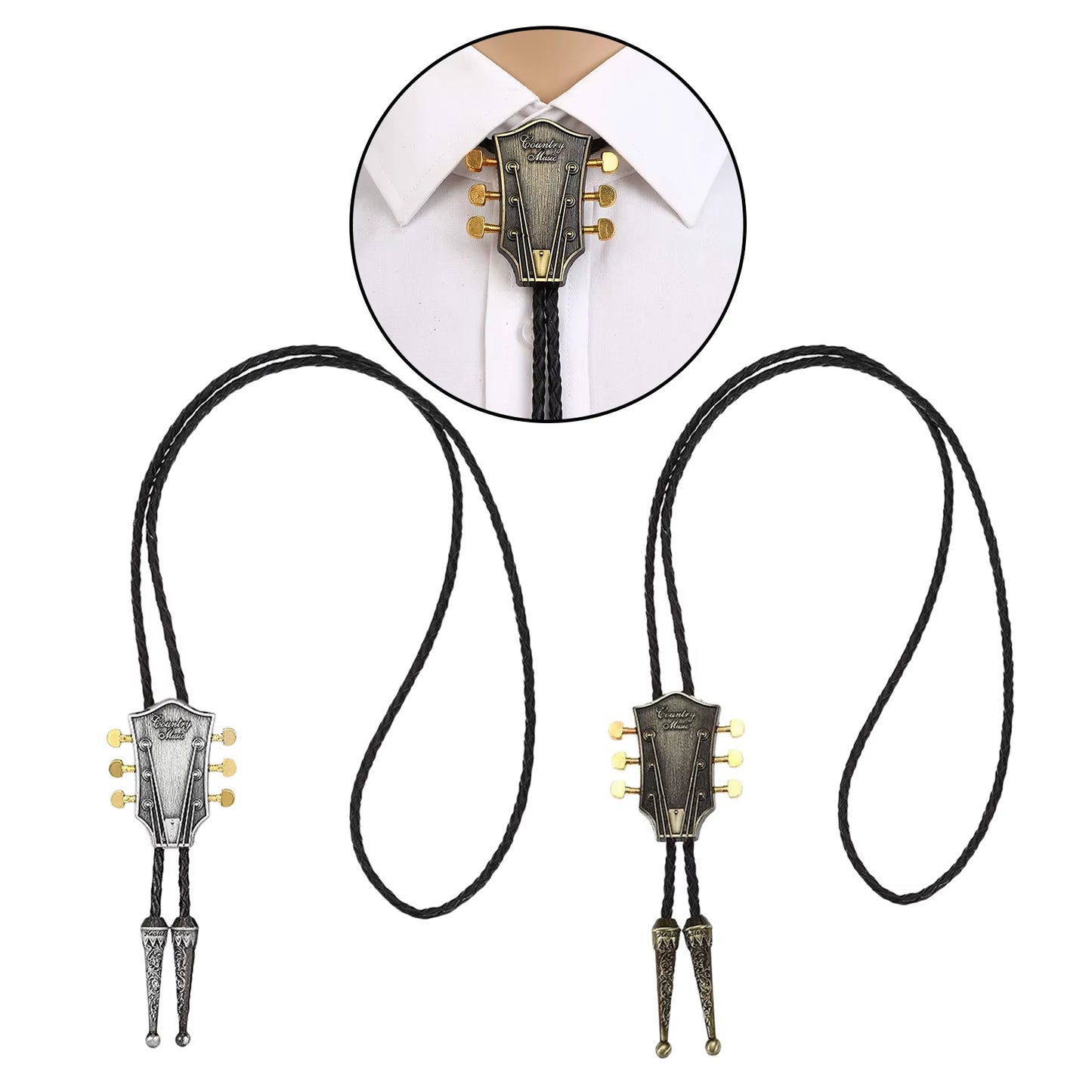 Fashion Metal Guitar Head Bolo Tie for Men Necklace Pendant Wedding PU Leather Rope Necktie Shirt Collar Bowtie Western Cowboy