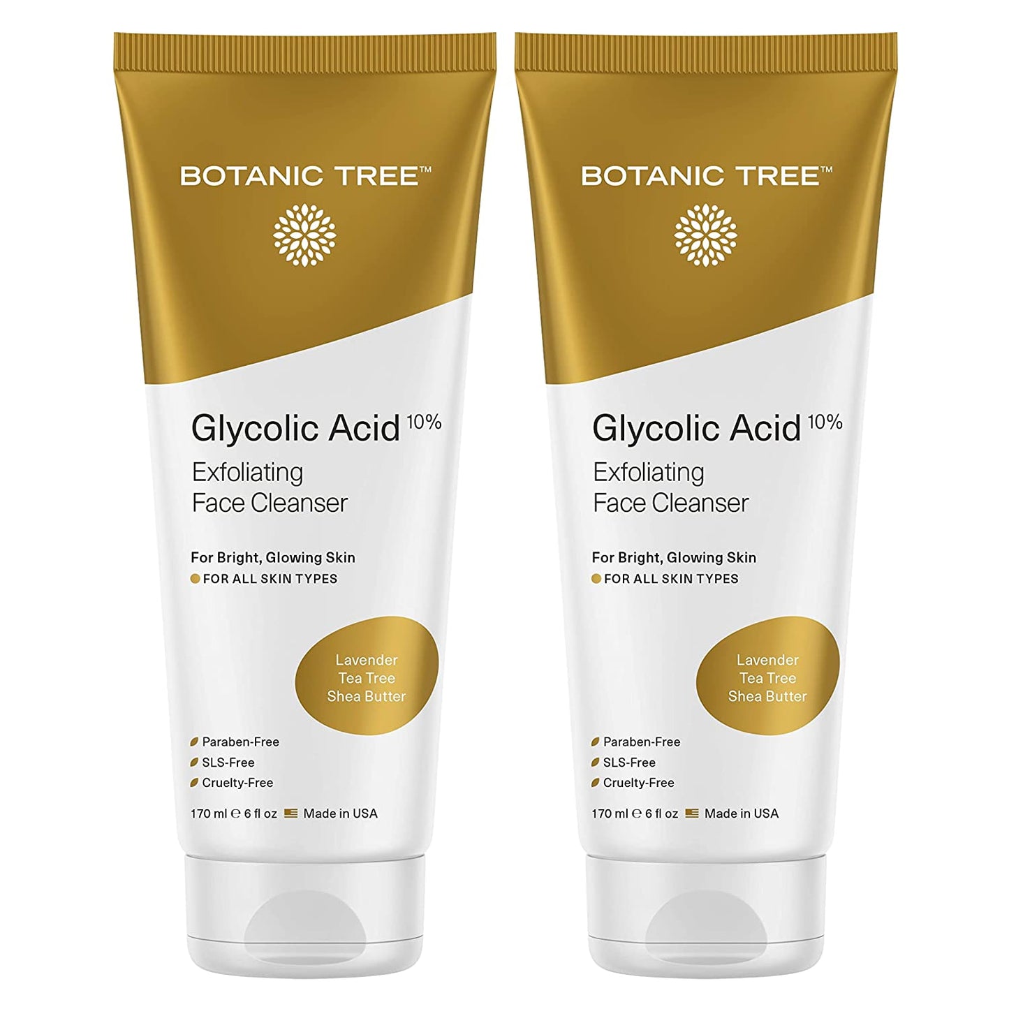 Botanic Tree Glycolic Acid Face Wash, Exfoliating Facial Cleanser for Facial Skin Care, Acne Treatment Face Scrub, 10% Glycolic and Salicylic Acid 6 Fl. Oz (2 Pack)