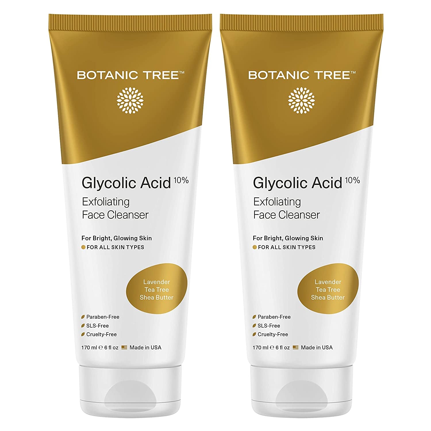 Botanic Tree Glycolic Acid Face Wash, Exfoliating Facial Cleanser for Facial Skin Care, Acne Treatment Face Scrub, 10% Glycolic and Salicylic Acid 6 Fl. Oz (2 Pack)