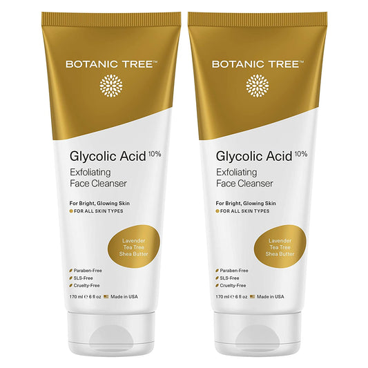 Botanic Tree Glycolic Acid Face Wash, Exfoliating Facial Cleanser for Facial Skin Care, Acne Treatment Face Scrub, 10% Glycolic and Salicylic Acid 6 Fl. Oz (2 Pack)