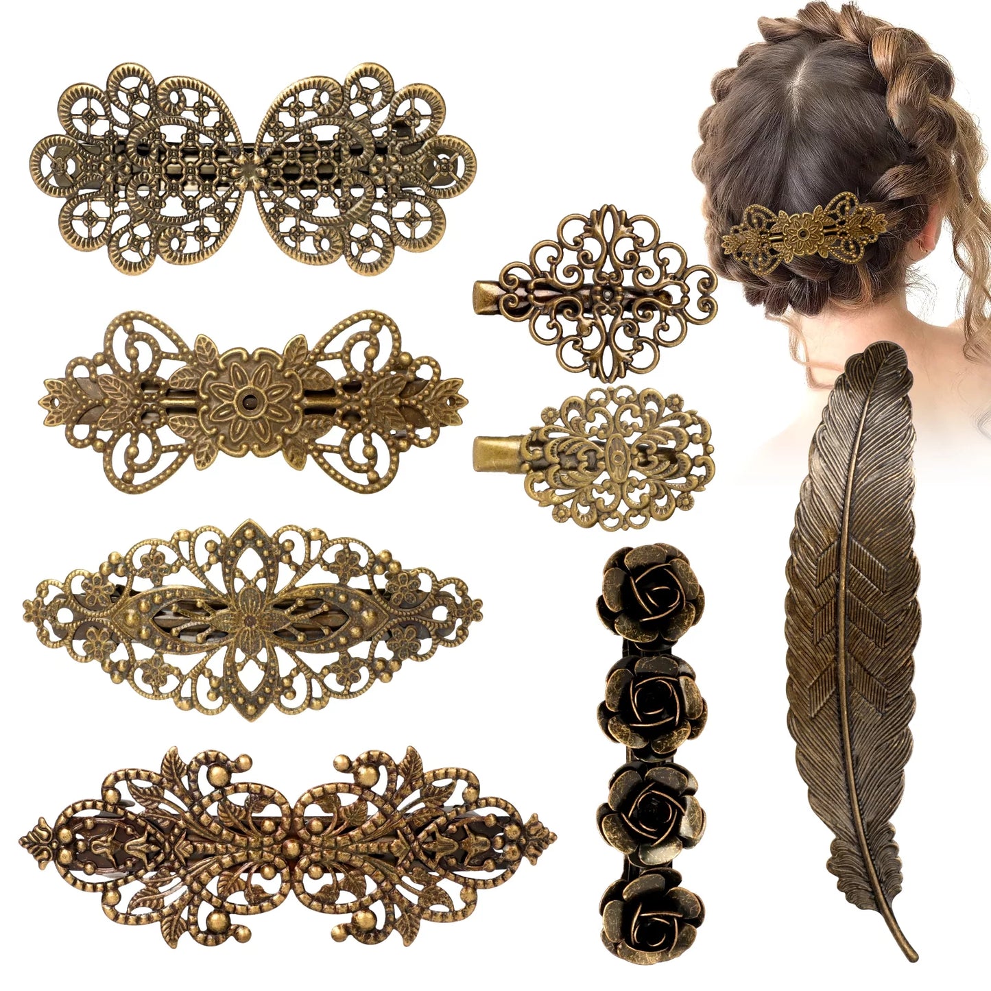 8Pcs Vintage Metal Hair Clips,  Bronze Retro French Barrettes, Geometric Hollow Hair Pins for Women Girls, Hair Styling Accessories