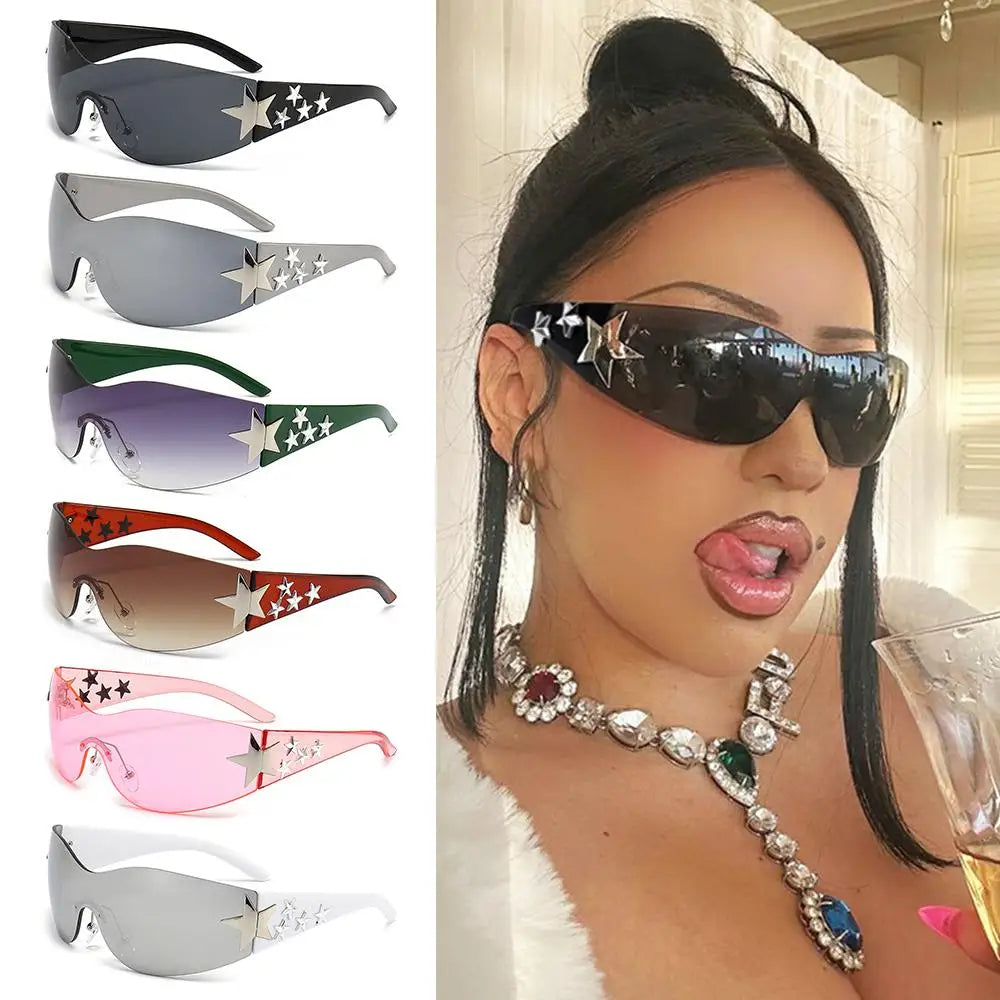 Rimless Y2K Sunglasses for Women and Men Star Wrap around Sun Glasses Trendy Cool Black Sunglasses Fashion Shades for Outdoor