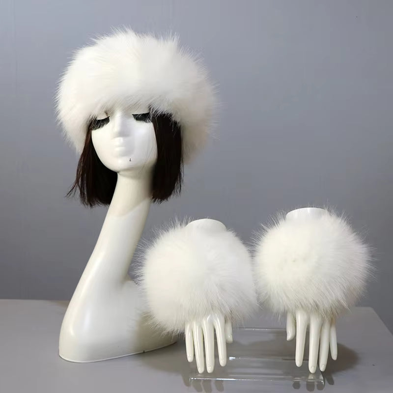 One Set Women Faux Fox Fur Cuffs + Headband Winter Warmer Hat Arm Wrist Sleeve Gloves Female Faux Fur Cap+Elastic Wristband