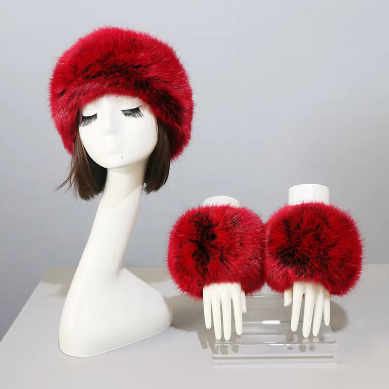 One Set Women Faux Fox Fur Cuffs + Headband Winter Warmer Hat Arm Wrist Sleeve Gloves Female Faux Fur Cap+Elastic Wristband