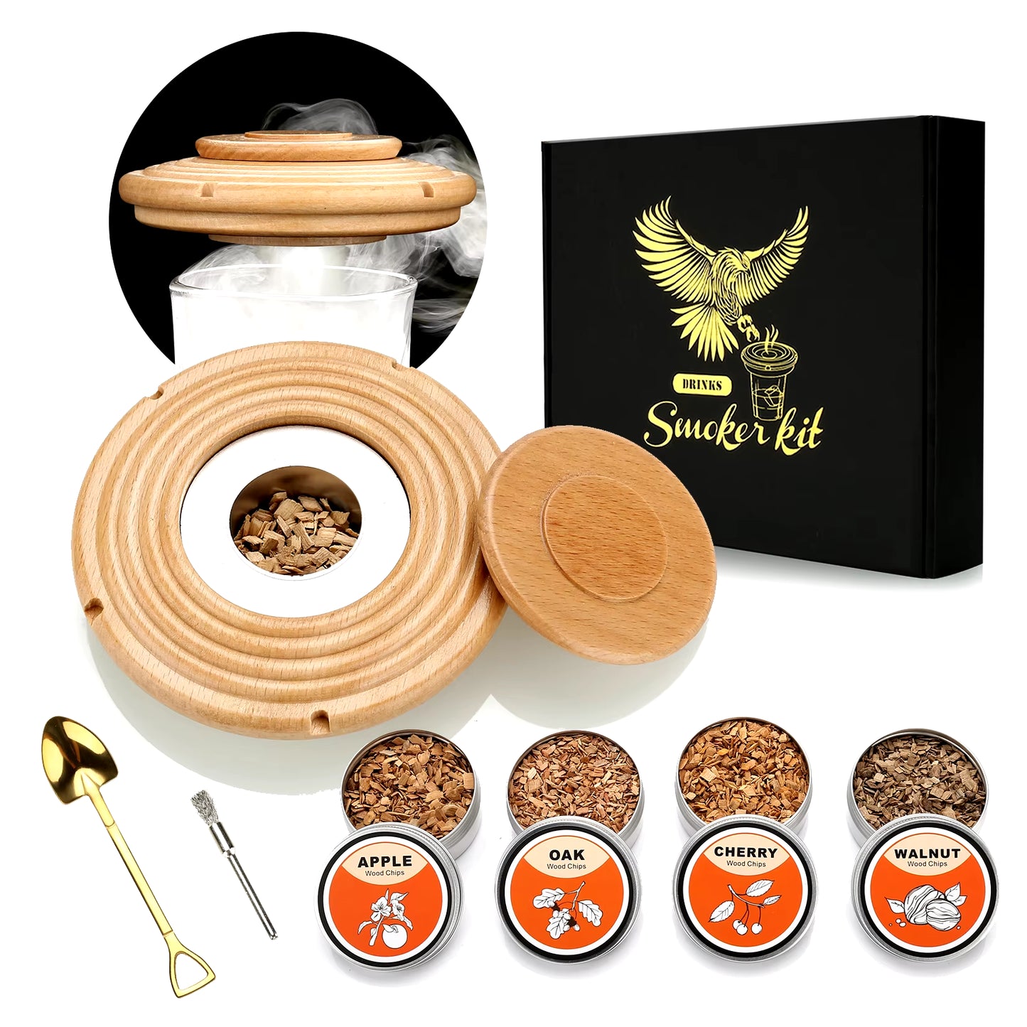 Cocktail Smoker Kit,Smoking Set with 4 Wood Chips,Old Fashioned Whiskey Smoker Drinks Kit,Cocktail Accessories for Whiskey,Drink