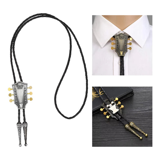 Fashion Metal Guitar Head Bolo Tie for Men Necklace Pendant Wedding PU Leather Rope Necktie Shirt Collar Bowtie Western Cowboy