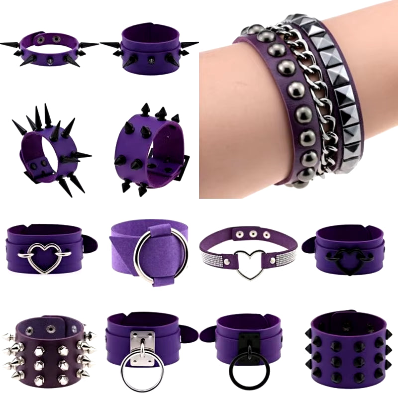 Purple Goth Bracelets for Women Punk Boho Emo Spike Rivets PU Leather Charm Bracelet Cuff Bangles Festival Jewelry Party Gifts