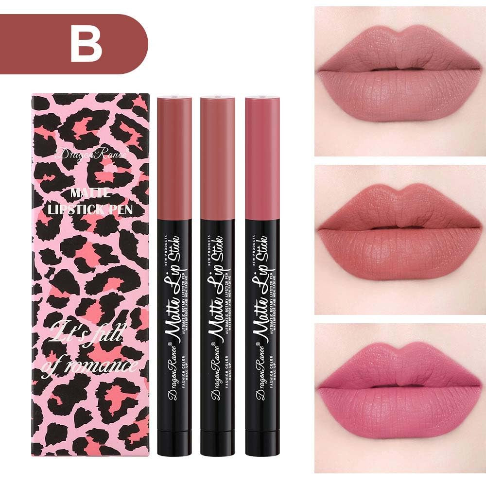 3 PCS Matte Lipstick Automatic Rotary High Pigment Red Pink Lip Stain Smooth Velvety Long Lasting No Fade Lip Pen Set of Three Lip Gloss Tint Portable for Lady Girl Festivals Lip Makeup (D)