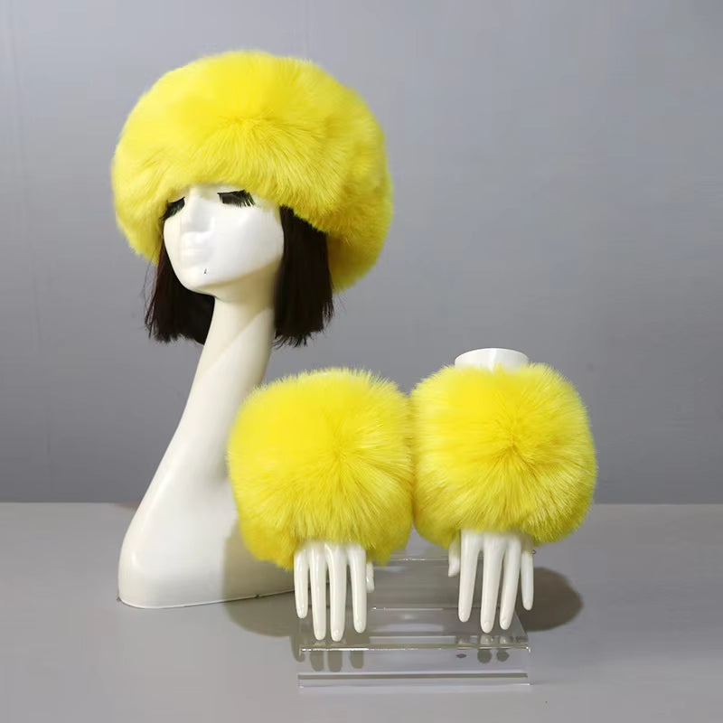 One Set Women Faux Fox Fur Cuffs + Headband Winter Warmer Hat Arm Wrist Sleeve Gloves Female Faux Fur Cap+Elastic Wristband