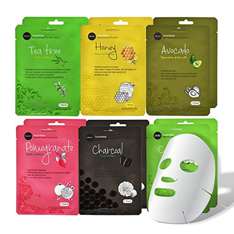 Celavi Essence Facial Face Mask Paper Sheet Korea Skin Care Moisturizing 12 Pack (Mix - 2 of Each)