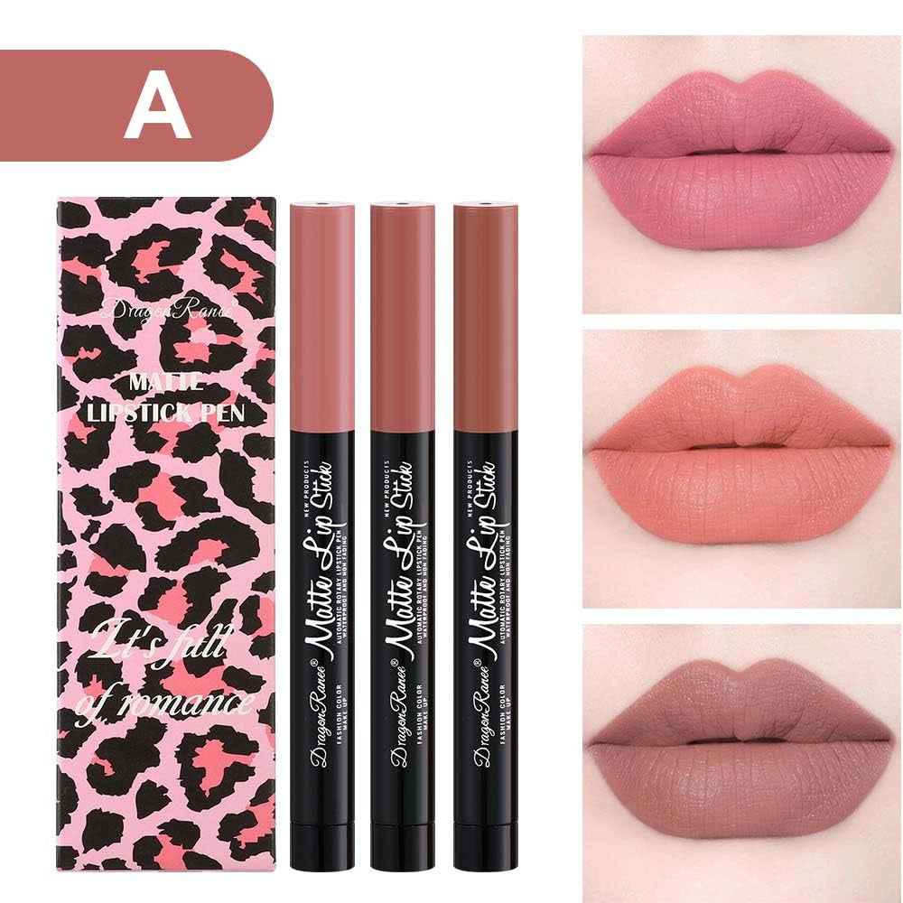 3 PCS Matte Lipstick Automatic Rotary High Pigment Red Pink Lip Stain Smooth Velvety Long Lasting No Fade Lip Pen Set of Three Lip Gloss Tint Portable for Lady Girl Festivals Lip Makeup (D)